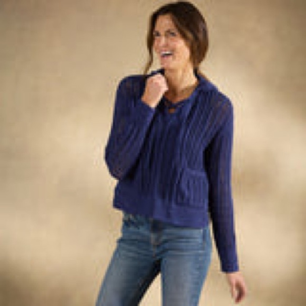 Sundance Harbor Call Women's Dark Blue Cropped Sweater Knit Hoodie NWT PXL